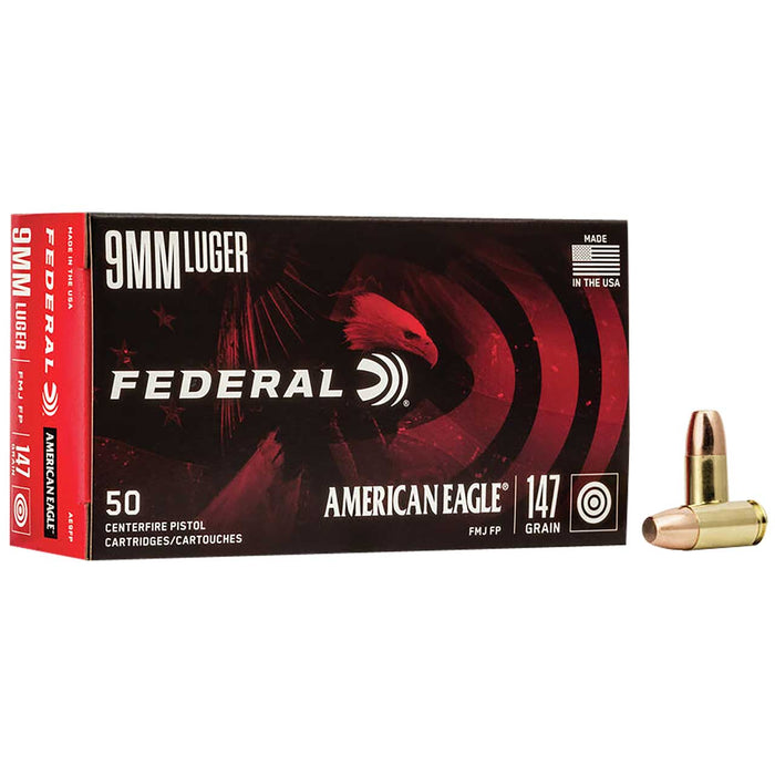 Federal 9mm Luger 147 gr American Eagle FMJ Flat Point Ammunition - 50 Round Box
