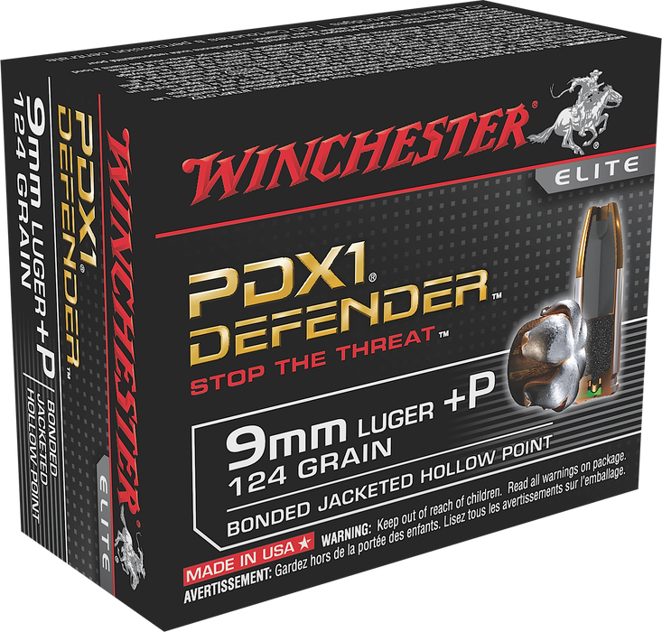 Winchester Ammo Defender 9mm Luger +P 124 gr Bonded Jacket Hollow Point 20 Per Box