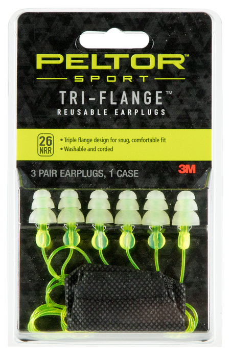 Peltor Tri-Flange Reusable Earplugs Polymer 26 dB In The Ear Yellow Buds with Yellow Cord Adult 3 Pair