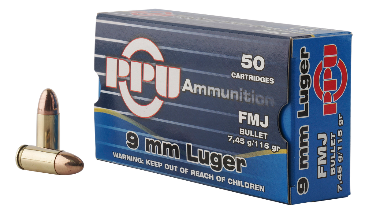 PPU 9mm Luger 115 gr Full Metal Jacket (FMJ) 50 Per Box