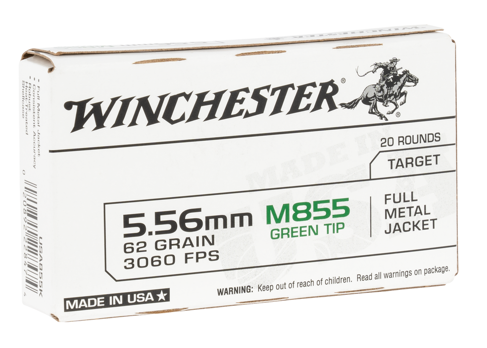 Winchester USA M855 Green Tip 5.56x45mm NATO 62 gr Full Metal Jacket (FMJ) 20 Per Box