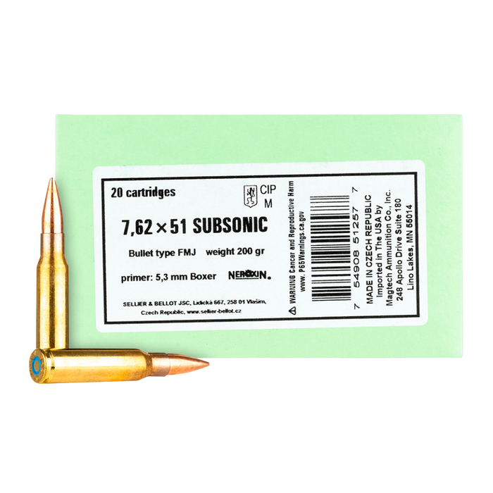 Sellier & Bellot .308 Win 200 gr Full Metal Jacket Subsonic Ammunition - 20 Round Box