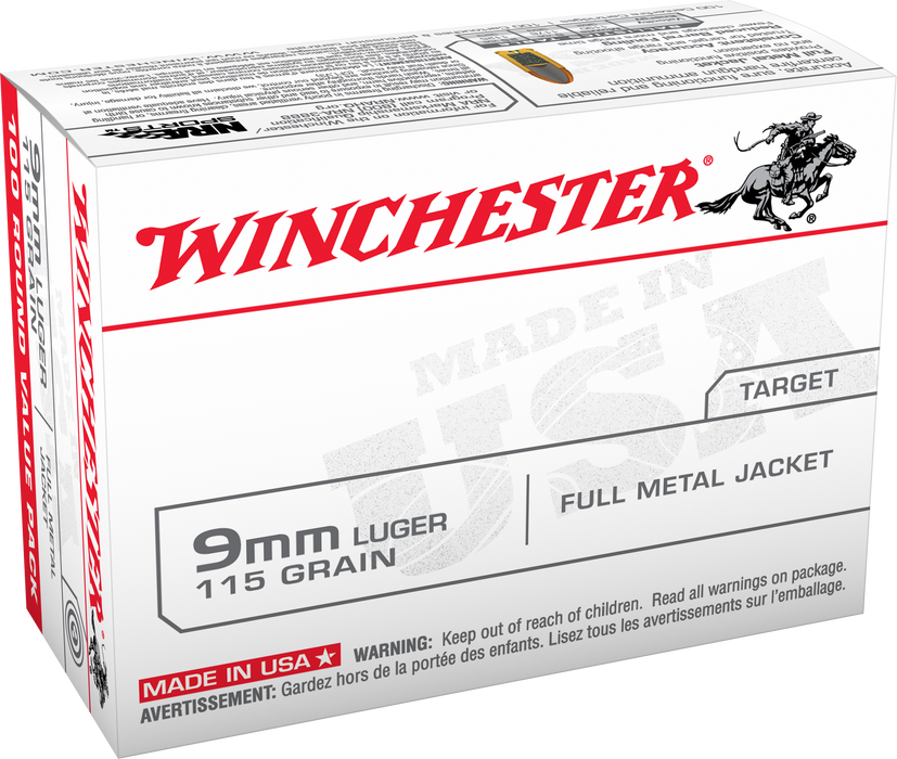 Winchester 9mm Luger 115 gr USA Full Metal Jacket Ammunition - 100 Round Box