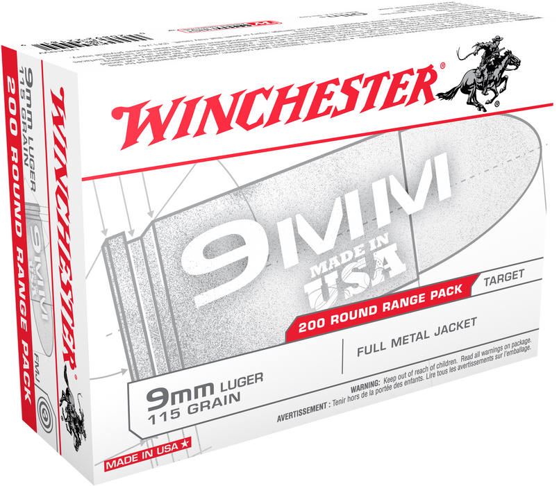 Winchester 9mm Luger 115 gr USA Full Metal Jacket Ammunition - 200 Round Range Pack