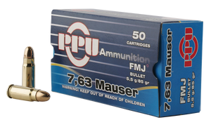 PPU 7.63mm Mauser 85 Gr Full Metal Jacket (fmj) 50 Per Box