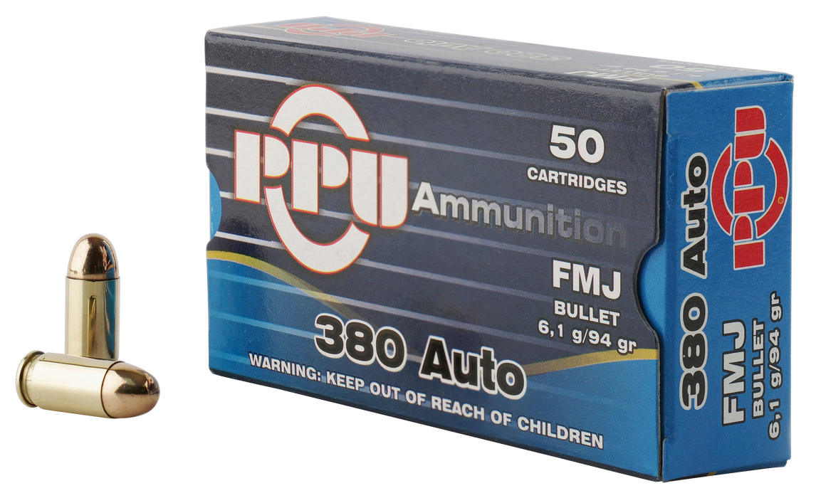 PPU Handgun .380 ACP 94 gr Full Metal Jacket (FMJ) 50 Per Box