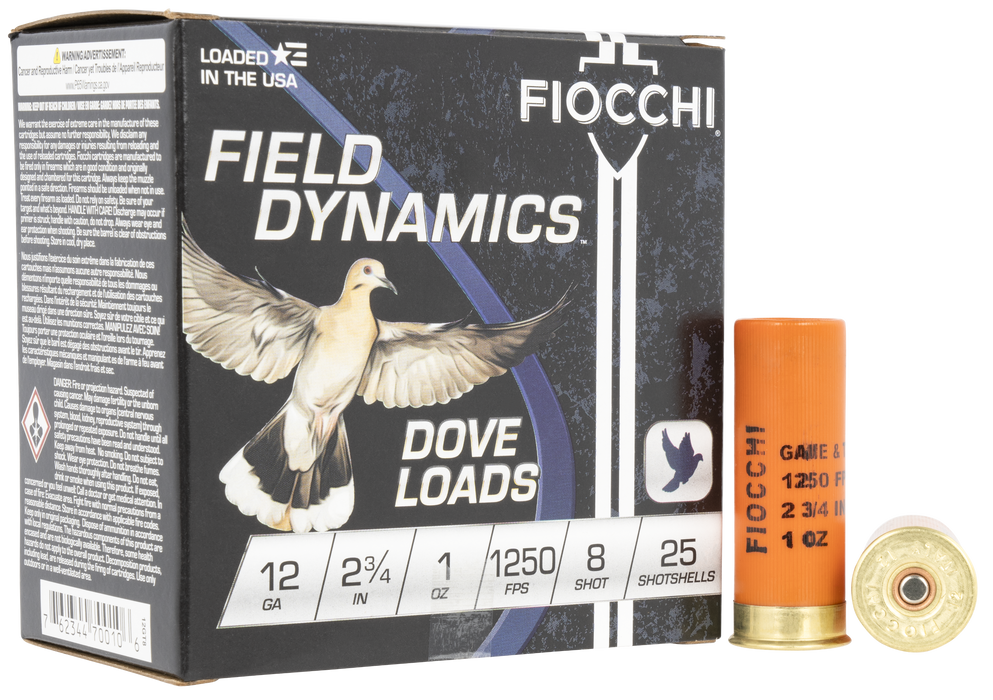 Fiocchi Field Dynamics Dove & Quail 12 Gauge 2.75" 1 Oz 8 Shot 25 Per Box