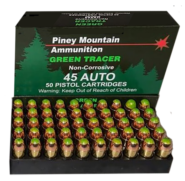 Piney Mountain Ammunition Green Tracer Non Corrosive .45 Auto ACP 225 Gr Full Metal Jacket (FMJ) 20 Per Box