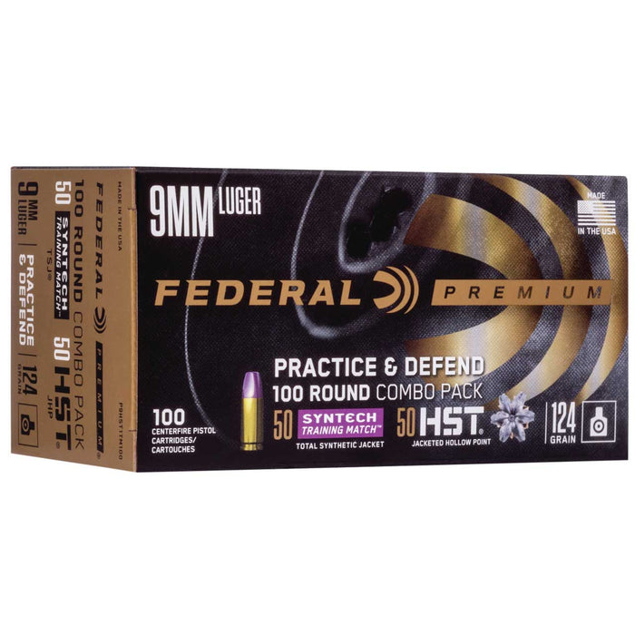 Federal Premium Practice & Defend 9mm Luger 124 Gr HST JHP Syntech TSJ Combo Pack - 100 Per Box