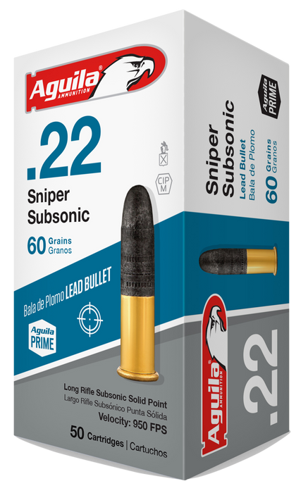 Aguila Sniper Subsonic High Velocity .22 LR 60 Gr Lead Solid Point 50 Per Box