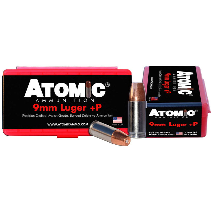 Atomic Ammunition Pistol Precision Craft 9mm Luger +P 124 Gr Bonded Match Hollow Point 20 Per Box