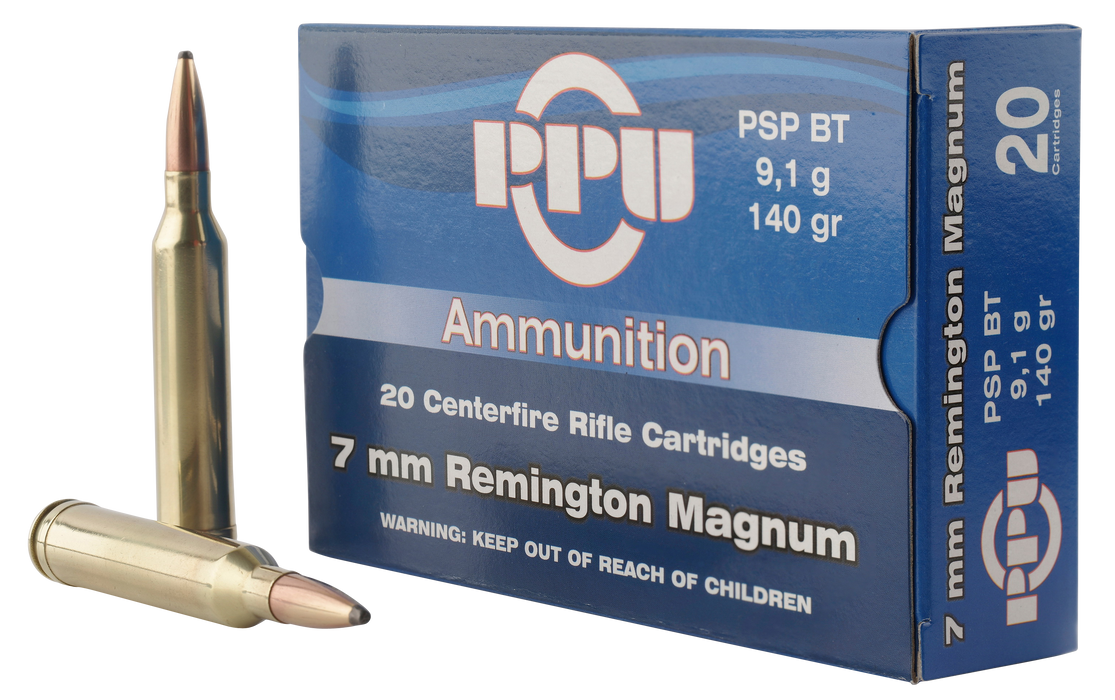 PPU Standard Rifle  7mm Rem Mag 140 gr Pointed Soft Point Boat Tail 20 Per Box