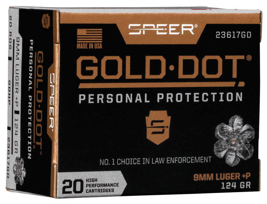 Speer 23617GD Gold Dot Personal Protection 9mm Luger +P 124 gr Hollow Point 20 Per Box/ 10 Case