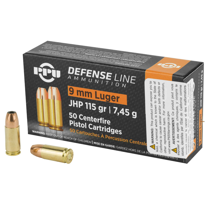 PPU Handgun Defense 9MM Luger 115 Grain Jacketed Hollow Point Ammunition 50 Round Box
