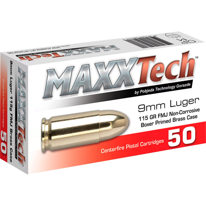 MAXXTech 9mm Luger 115gr FMJ Ammunition - 50 Per Box