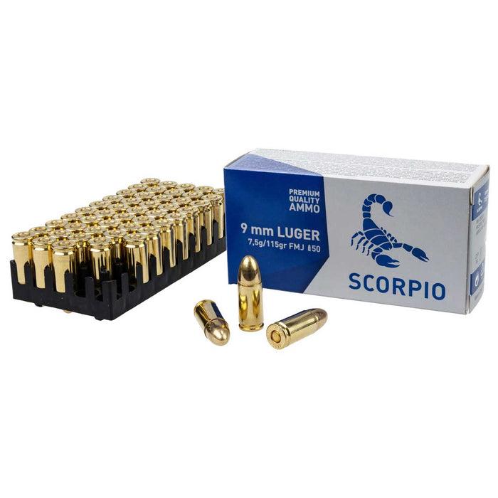 Scorpio Ammo 9mm Luger 115gr FMJ Ammunition -  50 Per Box