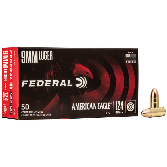 Federal 9mm Luger 124 gr American Eagle FMJ Ammunition - 50 Round Box