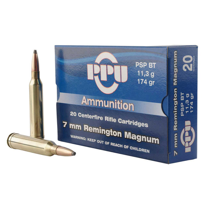 PPU Standard Rifle 7mm Rem Mag 174 gr Pointed Soft Point Boat-Tail (PSPBT) 20 Per Box