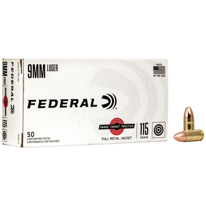 Federal 9mm Luger 115gr Range Target Practice FMJ Ammunition - 50 Round Box