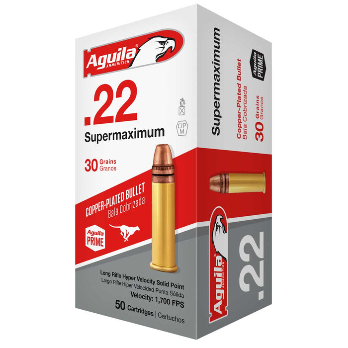 Aguila .22 LR 30 gr Supermaximum High Velocity Copper-Plated Solid Point Ammunition - 50 Round Box