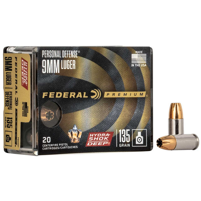 Federal Premium Defense 9mm Luger 135 gr Hydra-Shok Deep Hollow Point 20 Per Box