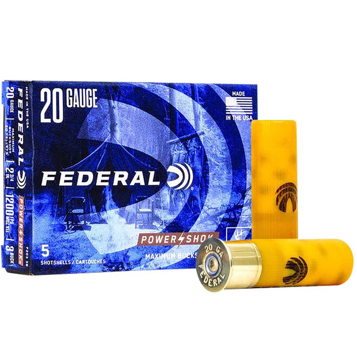 Federal Power-Shok Magnum 20 Gauge 2.75" 20 Pellets 1 oz 3 Buck Shot 5 Per Box