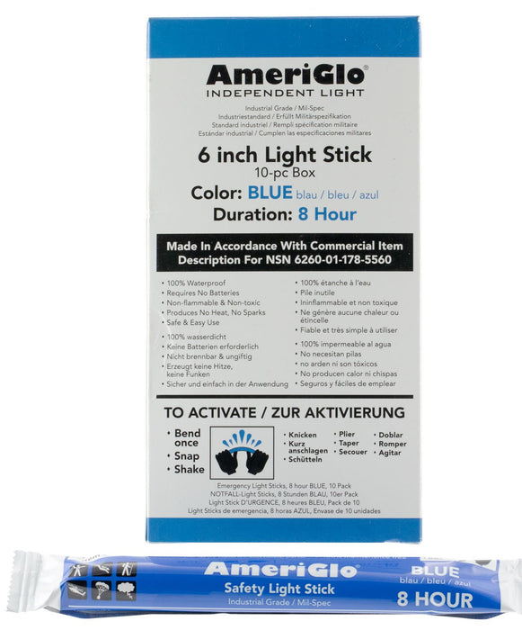 AmeriGlo 6" Waterproof 8 Hour Blue Light Stick - 10 Pack