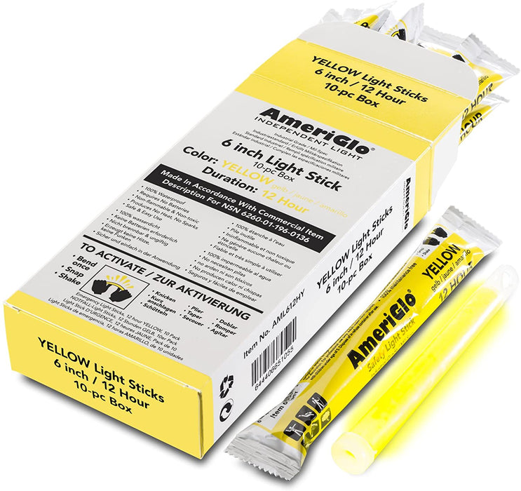 AmeriGlo 6″ Waterproof 8 Hour Yellow Light Stick - 10 Pack