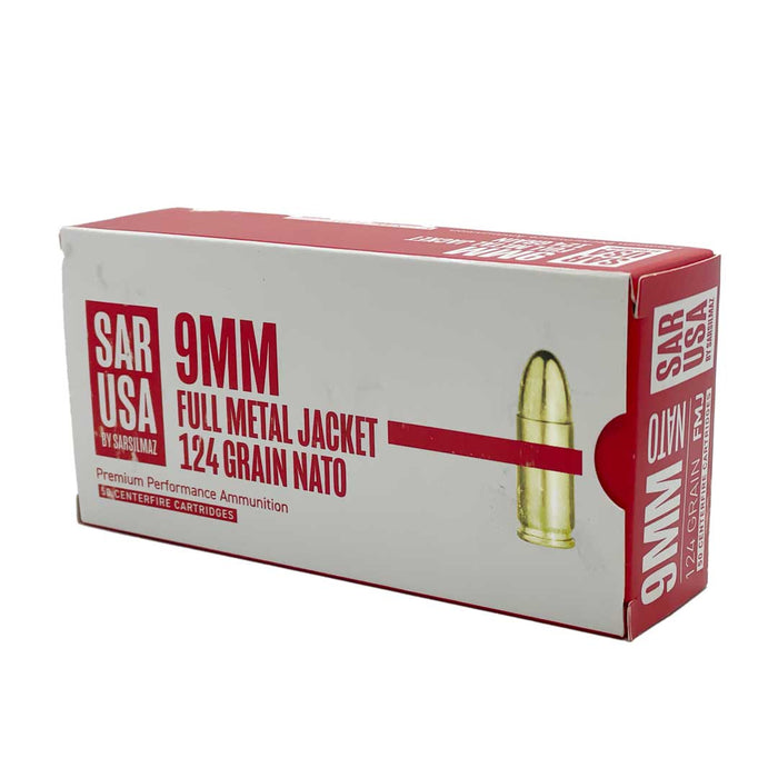 SAR USA 9mm Luger 124gr NATO Full Metal Jacket Ammunition - 50 Round Box (New Product)