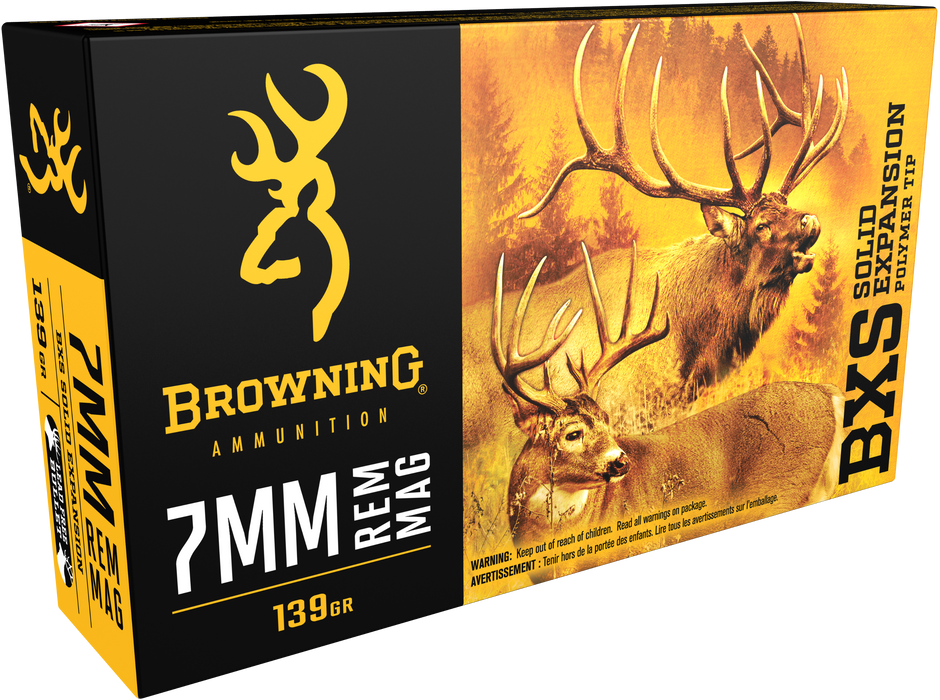 Browning Ammo BXS Big Game 7mm Rem Mag 139 gr Lead Free Solid Expansion Polymer Tip 20 Per Box