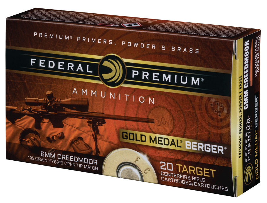 Federal Premium Gold Medal 6mm Creedmoor 105 gr Berger Hybrid Open Tip Match 20 Per Box