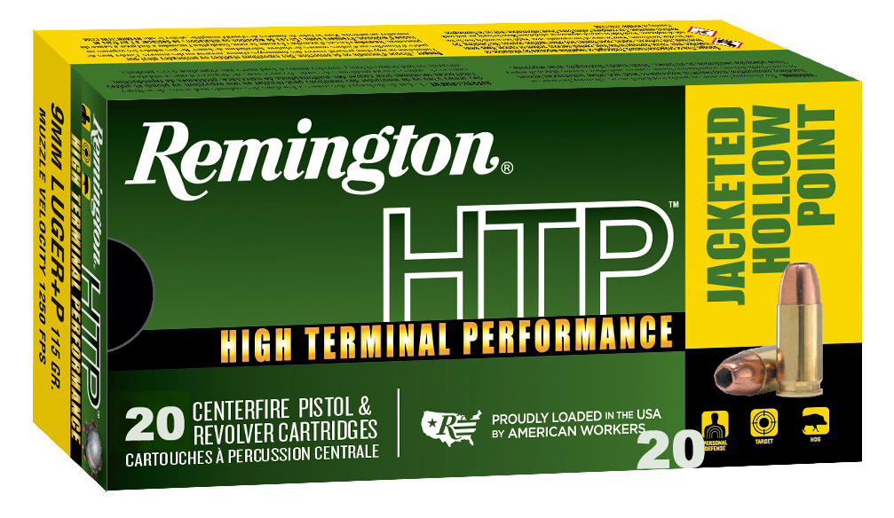 Remington Ammunition HTP 9mm Luger +P 115 gr Jacketed Hollow Point (JHP) 20 Per Box