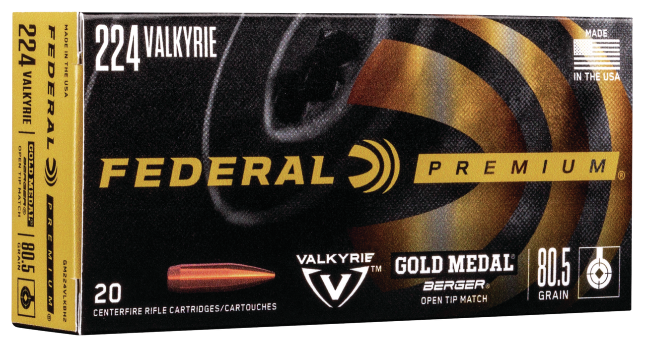 Federal Premium Gold Medal .224 Valkyrie 80.5 gr Berger Open Tip Match 20 Per Box