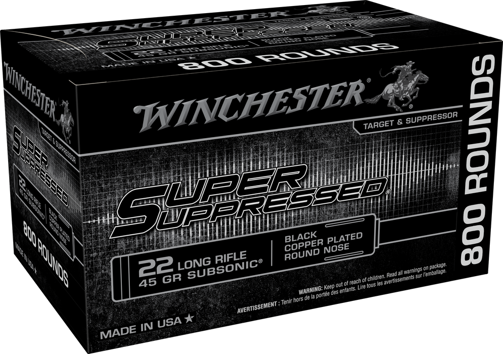 Winchester Super Suppressed .22 LR 45 gr Black Copper Plated Round Nose 800 Per Box
