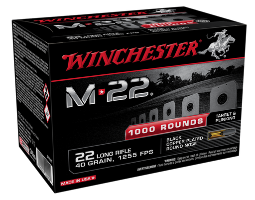 Winchester .22 LR 40 gr M-22 Black Copper Plated Round Nose Ammunition - 1000 Round Box