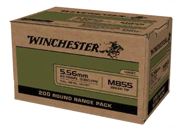 Winchester 5.56x45mm NATO 62 gr USA M855 Green Tip FMJ Ammunition - 200 Round Box