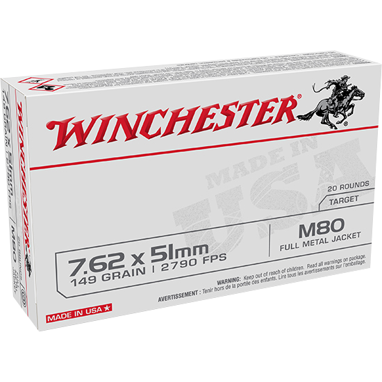 Winchester USA M80 Lake City 7.62x51mm NATO 149 gr Full Metal Jacket (FMJ) 20 Per Box