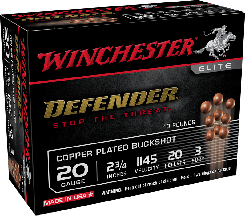 Winchester 20 Gauge Defender 2.75" 20 Pellets Copper-Plated 3 Buck Shot Ammunition - 10 Round Box