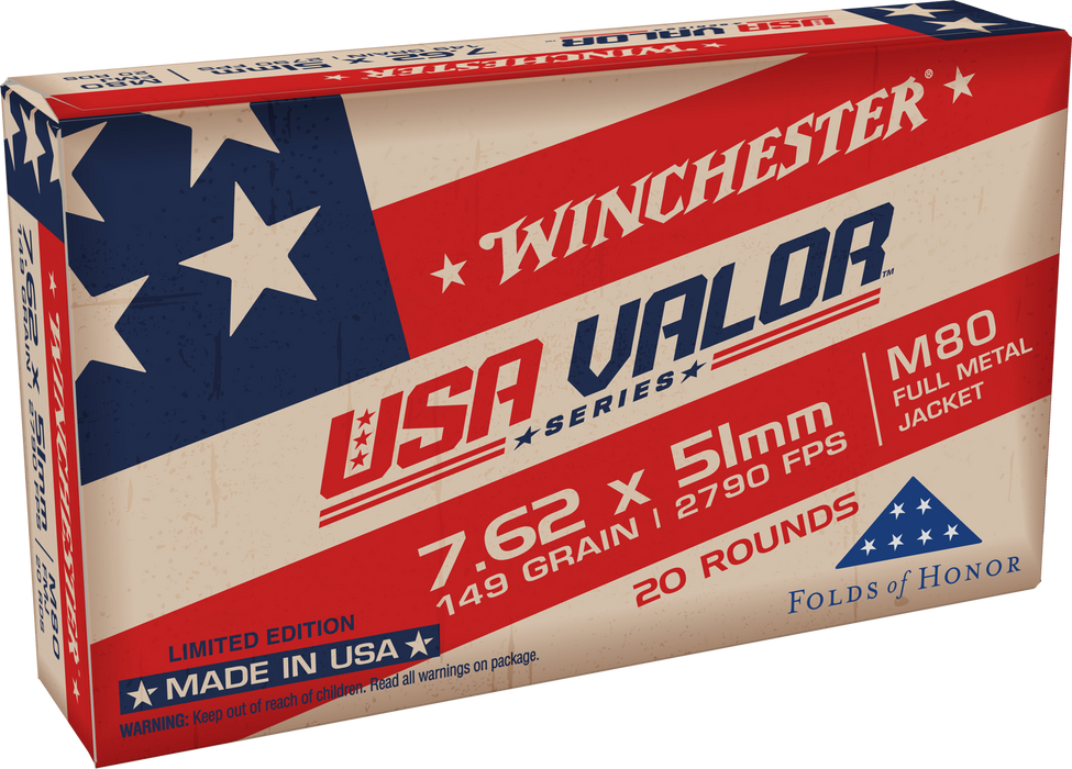 Winchester 7.62x51mm NATO 149 gr USA Valor M80 FMJ Ammunition - 20 Round Box