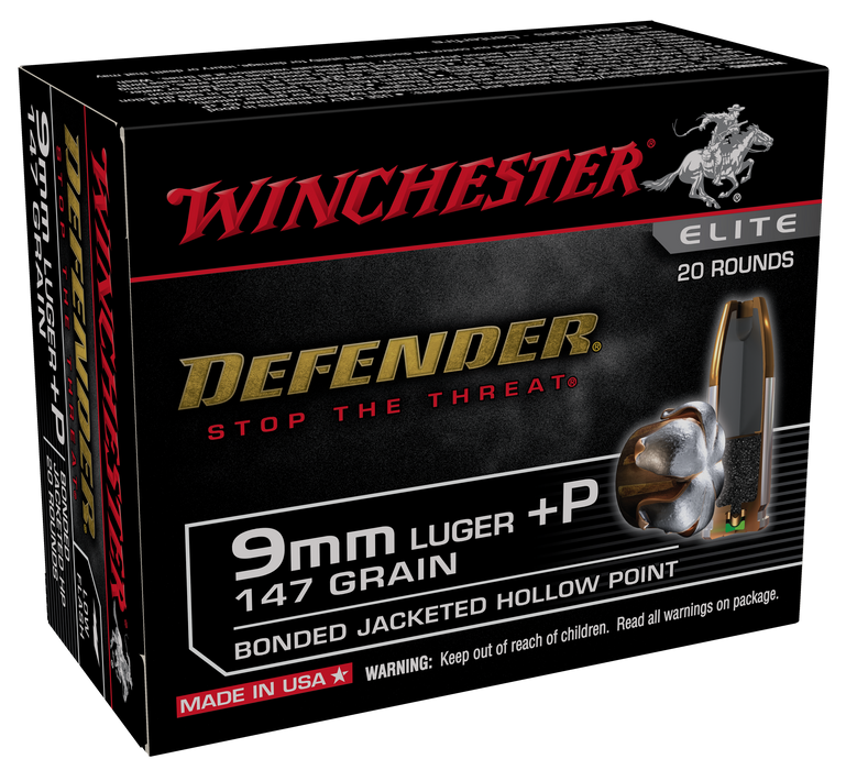 Winchester 9mm Luger +P 147 gr Defender Bonded JHP Ammunition - 20 Round Box