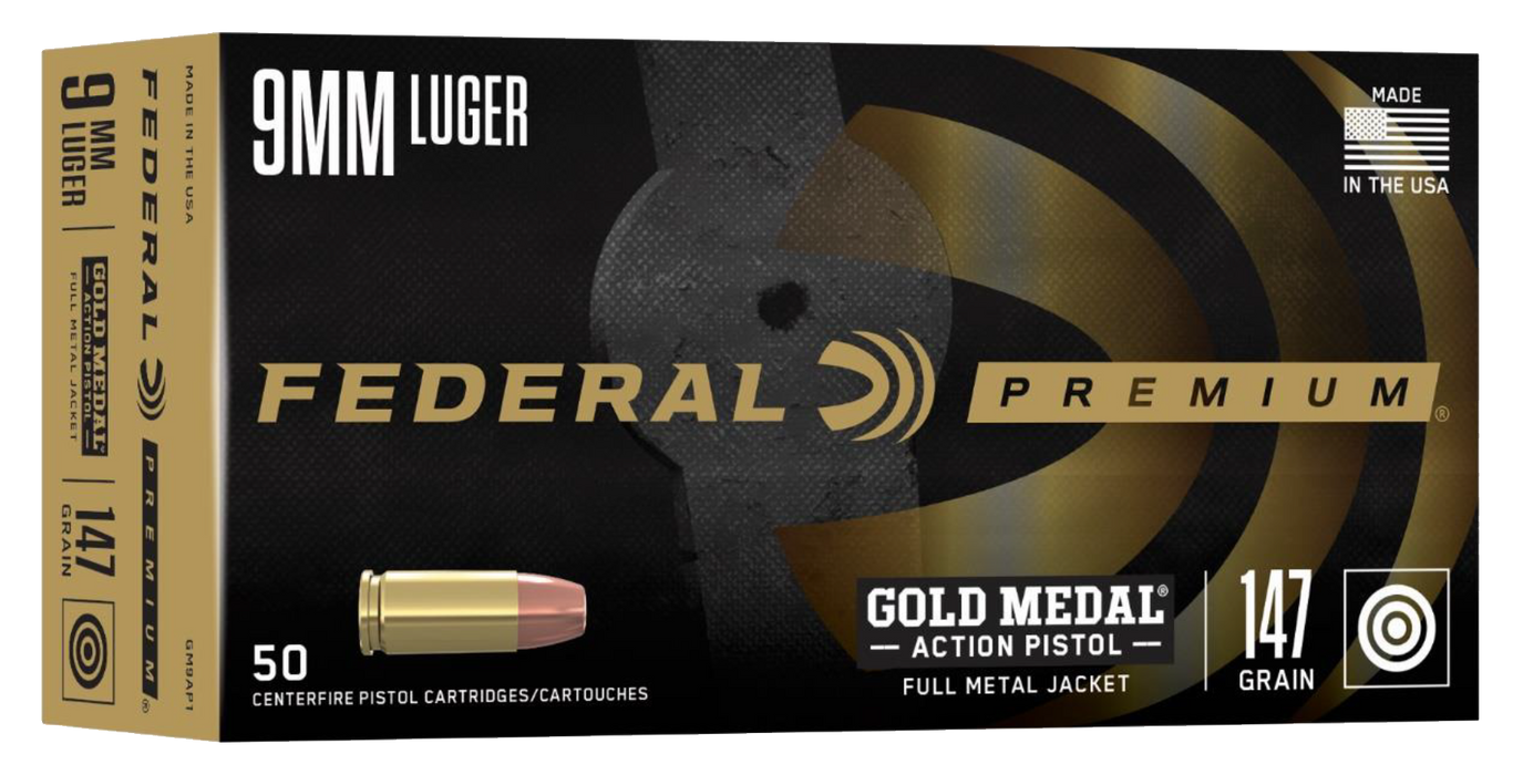 Federal Gold Medal Premium 9mm Luger 147 gr Full Metal Jacket (FMJ) 50 Per Box