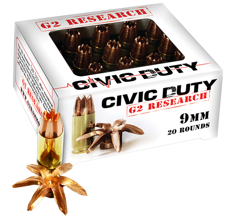 G2 Research Civic Duty Defense 9mm Luger 100 gr Copper Expansion Projectile (CEP) 20 Per Box