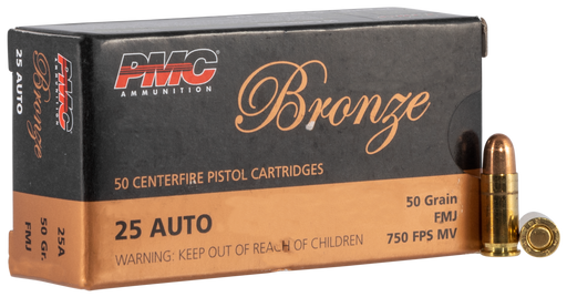 PMC .25 ACP 50 gr Bronze Full Metal Jacket Ammunition - 50 Round Box