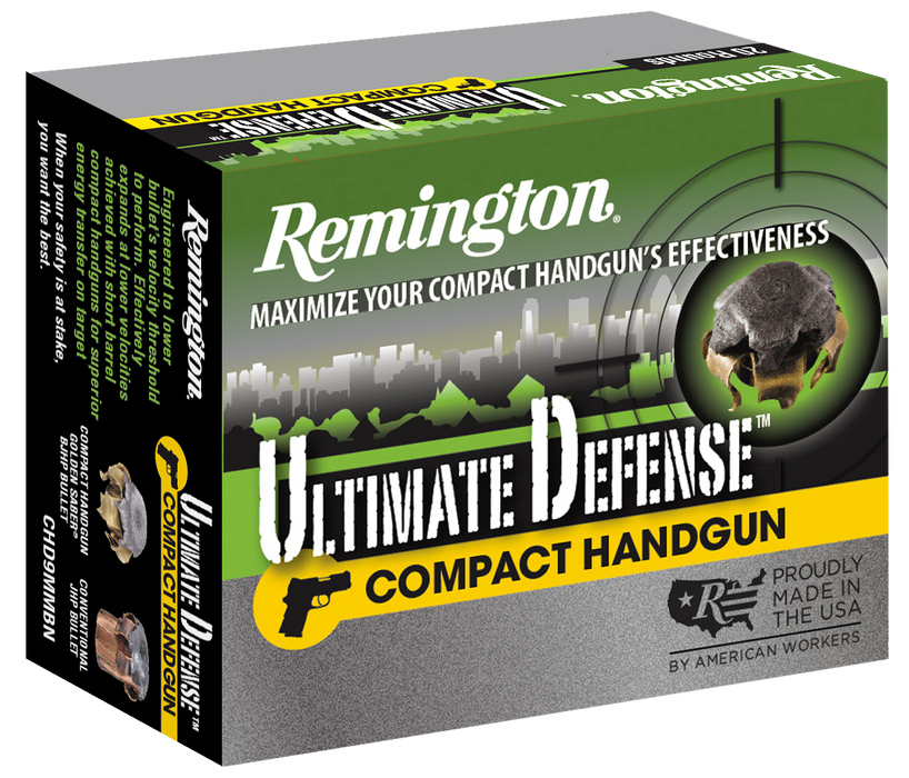 Remington Ultimate Defense Compact 9mm Luger 124 gr Brass Jacket Hollow Point (BJHP) 20 Per Box