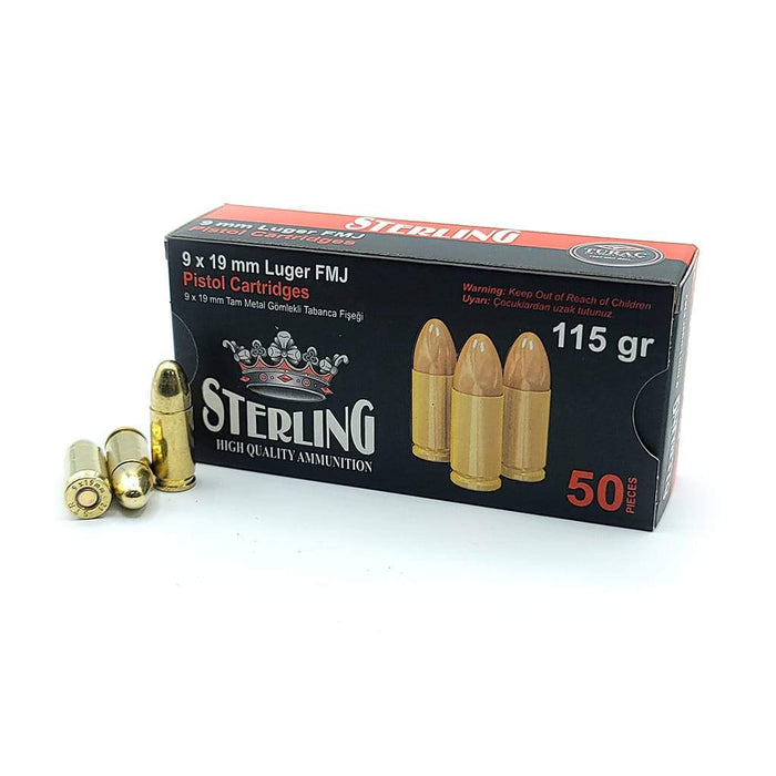 Sterling 9mm Luger 115gr Full Metal Jacket Ammunition - 50 Round Box