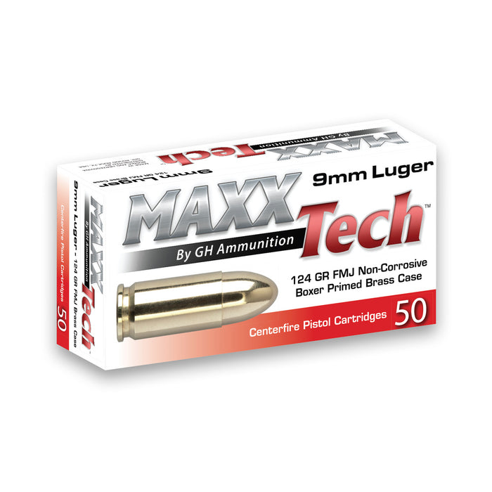 MaxxTech 9mm Luger 124gr Full Metal Jacket Ammunition - 50 Round Box