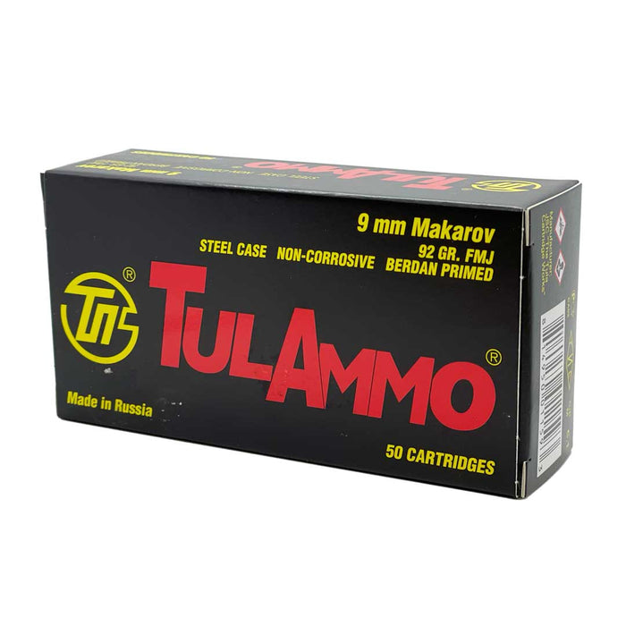 TulAmmo 9x18mm Makarov 92gr Full Metal Jacket Ammunition - 50 Round Box