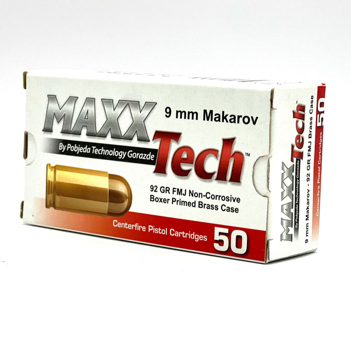 Maxxtech 9x18 Makarov 92gr Full Metal Jacket Ammunition - 50 Round Box